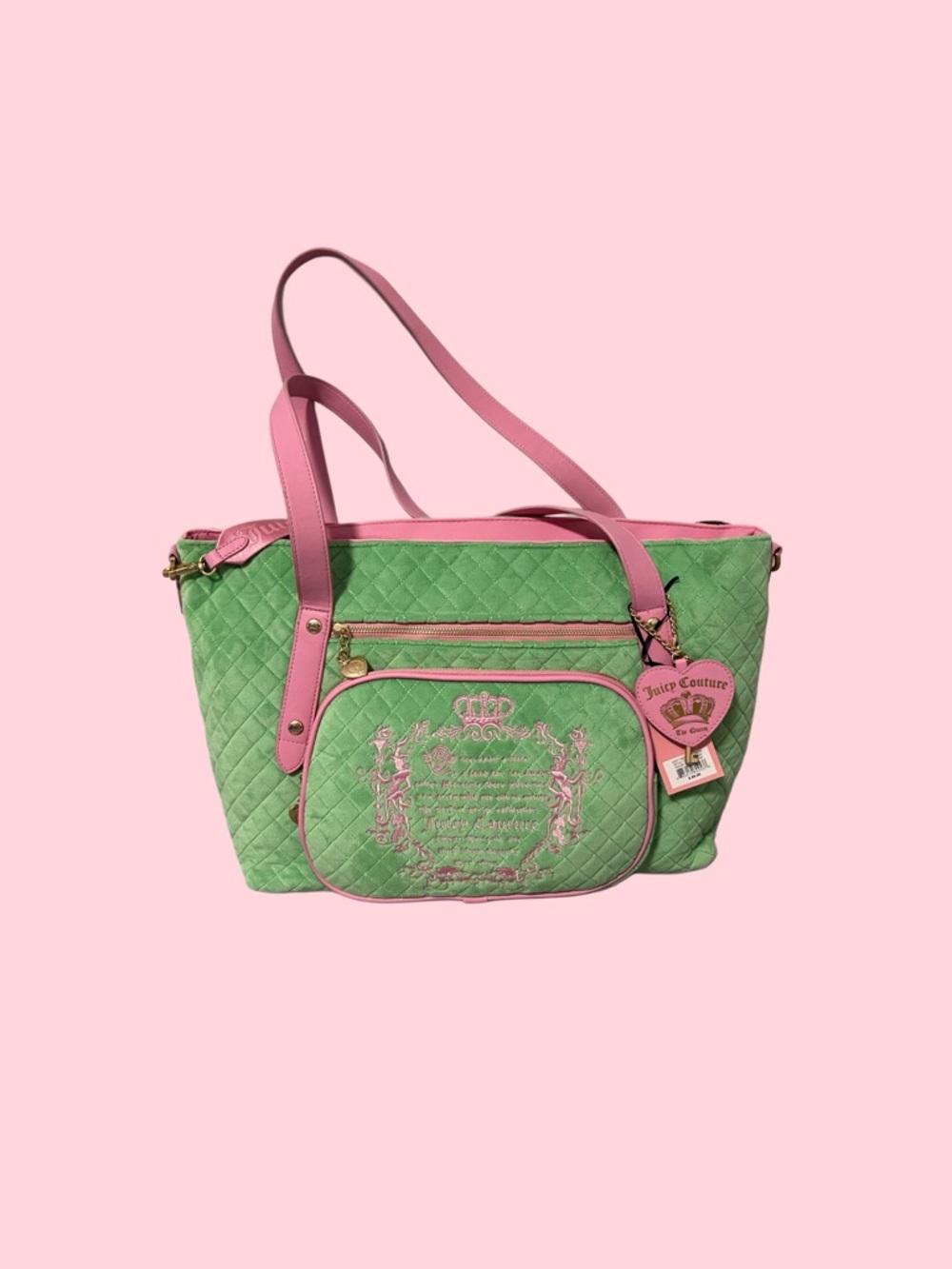 Juicy Couture Green Weekender Quilted Tote with Pink Trim